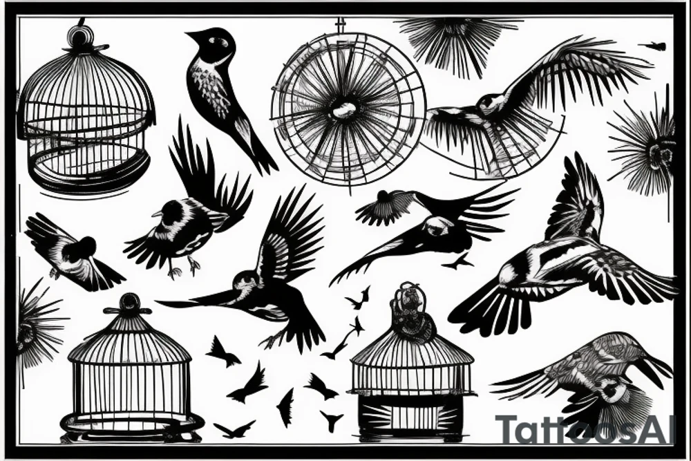 birds flying into cage tattoo idea