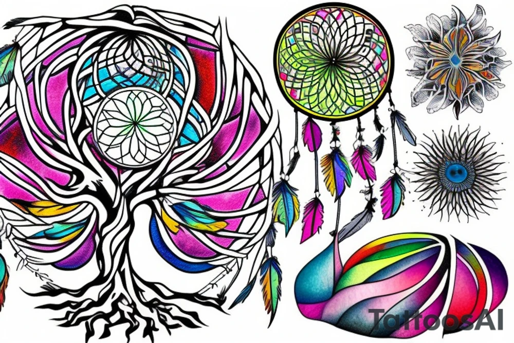 Color splash background with the tree of life inside of a dreamcatcher tattoo idea