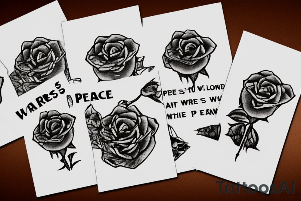 mountain with three long-stemmed roses, with a banner woven between the stems saying "He Wars for my Peace" tattoo idea