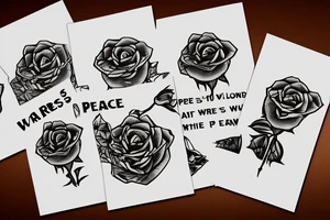 mountain with three long-stemmed roses, with a banner woven between the stems saying "He Wars for my Peace" tattoo idea