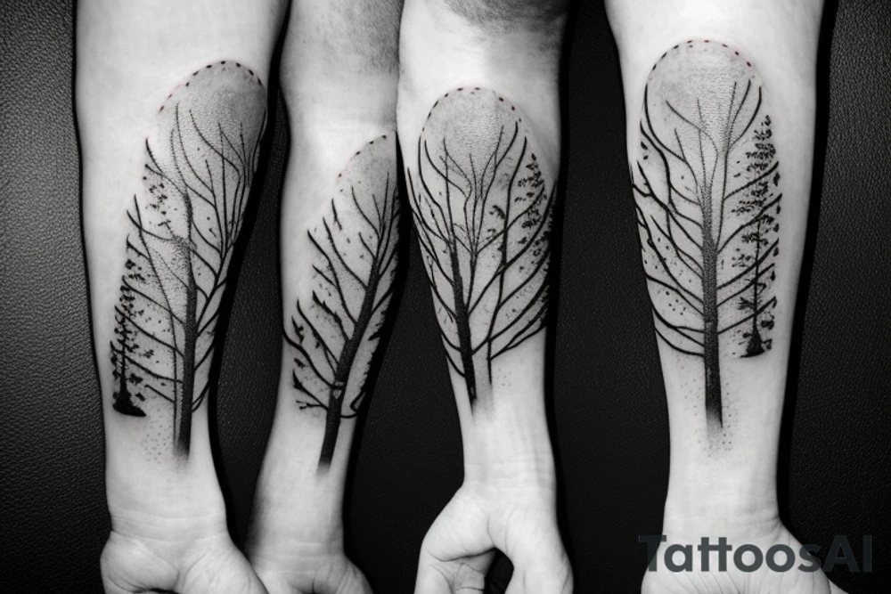 Tree limbs going up the leg with three polaroids mixed in with burnt edges tattoo idea