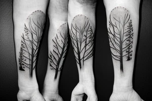 Tree limbs going up the leg with three polaroids mixed in with burnt edges tattoo idea