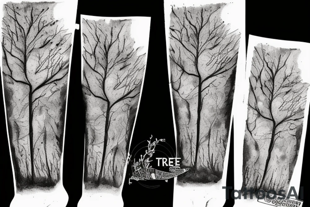 Tree limbs going up the leg with three polaroids mixed in with burnt edges tattoo idea