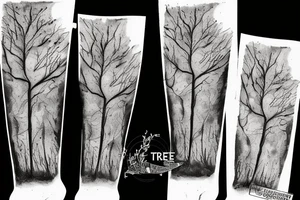 Tree limbs going up the leg with three polaroids mixed in with burnt edges tattoo idea