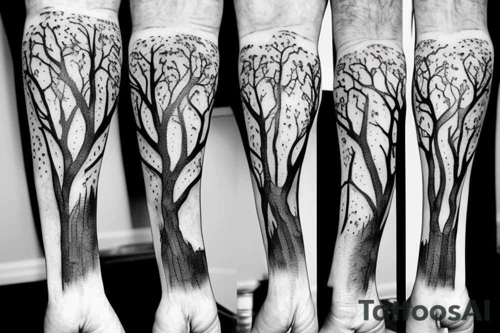Tree limbs going up the leg with three polaroid's mixed in with burnt edges tattoo idea