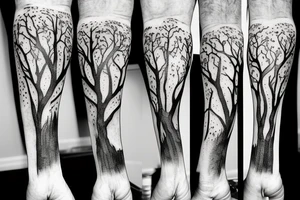 Tree limbs going up the leg with three polaroid's mixed in with burnt edges tattoo idea