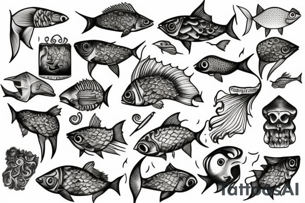 Stabbed fish living on tree of life tattoo idea