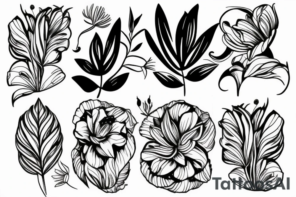 Lily flower, leaves and birds tattoo idea