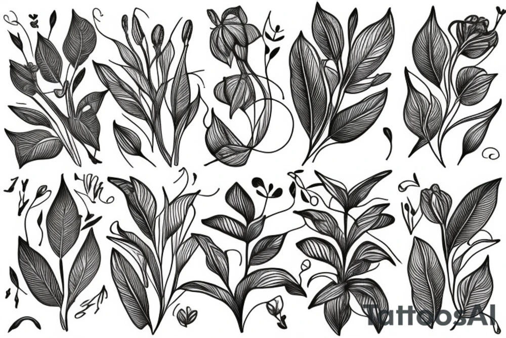 Lily flower, leaves and birds tattoo idea