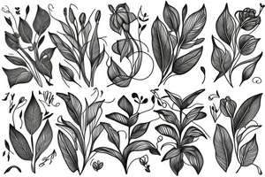 Lily flower, leaves and birds tattoo idea