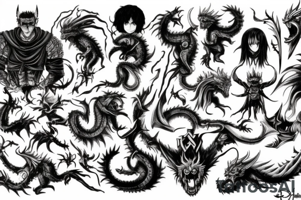 Berserk, anime, guts, god hand, devil, demons, monster, dragon slayer tattoo idea