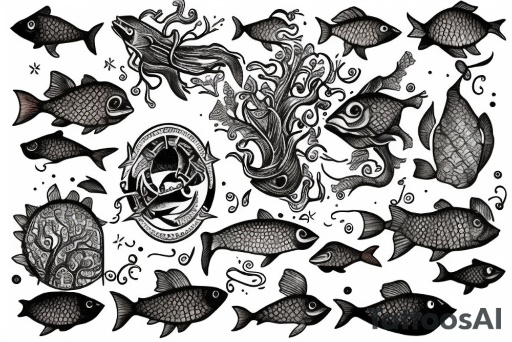 Stabbed fish living on tree of life tattoo idea