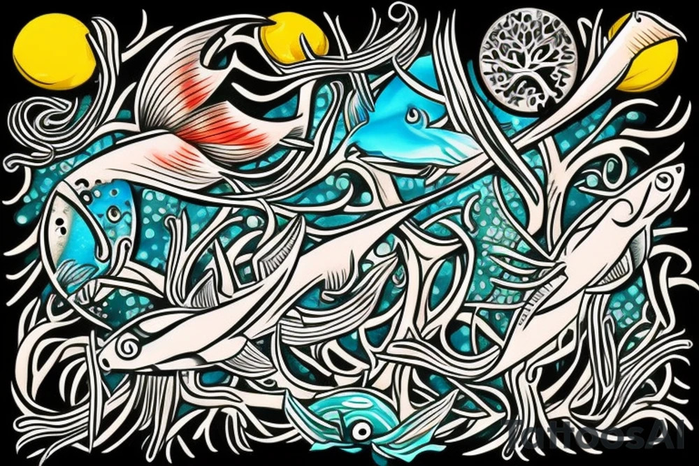 Stabbed fish living on tree of life tattoo idea