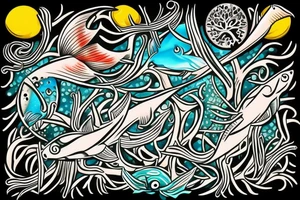 Stabbed fish living on tree of life tattoo idea