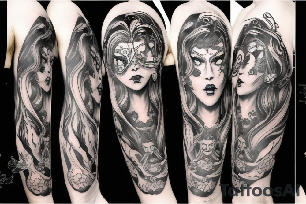 berserk style angelic woman with a mask tattoo idea