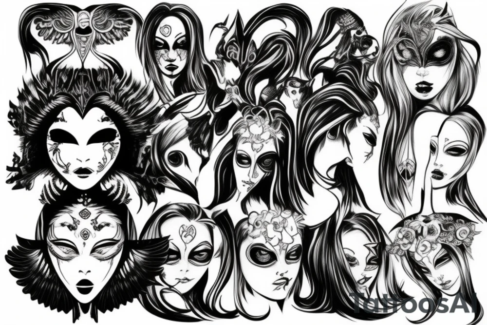 berserk style angelic woman with a mask tattoo idea