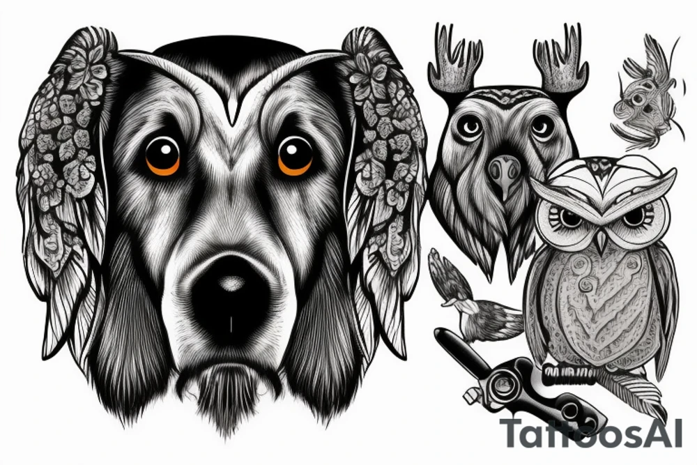 Moose with cocker spaniel  with owl tattoo idea