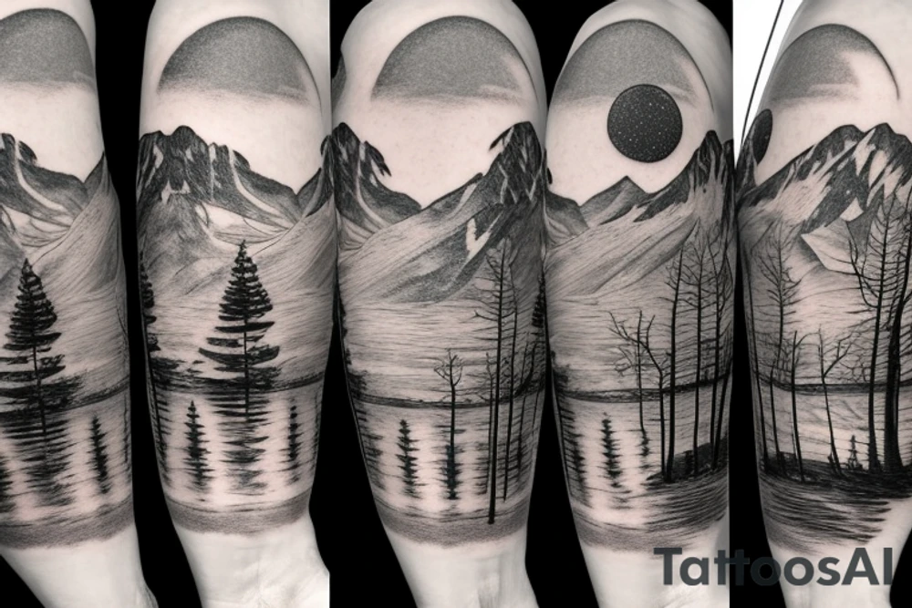 Death Star over snowy mountain range with tree line and Lake tattoo idea