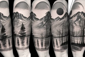 Death Star over snowy mountain range with tree line and Lake tattoo idea