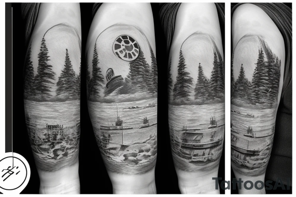 Death Star over snowy mountain range with tree line and Lake tattoo idea
