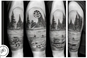 Death Star over snowy mountain range with tree line and Lake tattoo idea