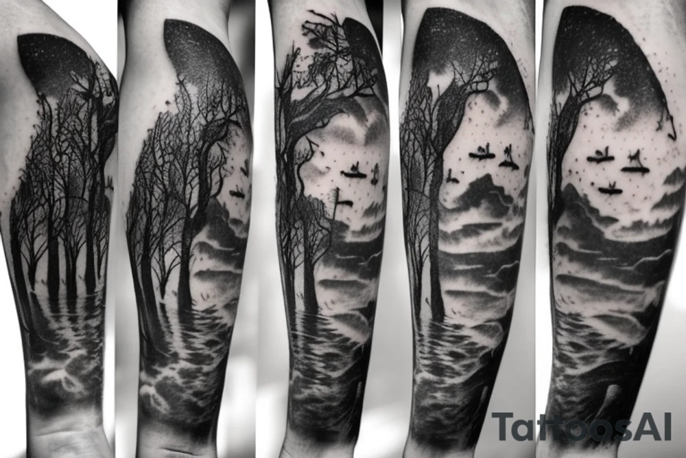 dark forest moon male climbing steps to heaven tattoo idea