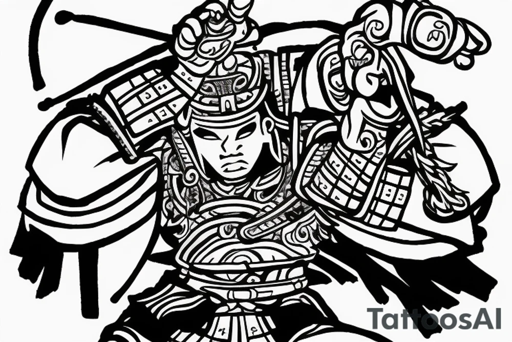 samurai with temple in background ready to fight tattoo idea