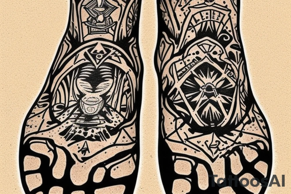 Foot prints that lead into tread marks then foot prints again. Going into a arrowhead at the top of a stairway tattoo idea