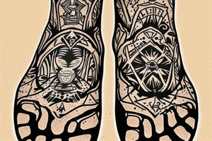 Foot prints that lead into tread marks then foot prints again. Going into a arrowhead at the top of a stairway tattoo idea