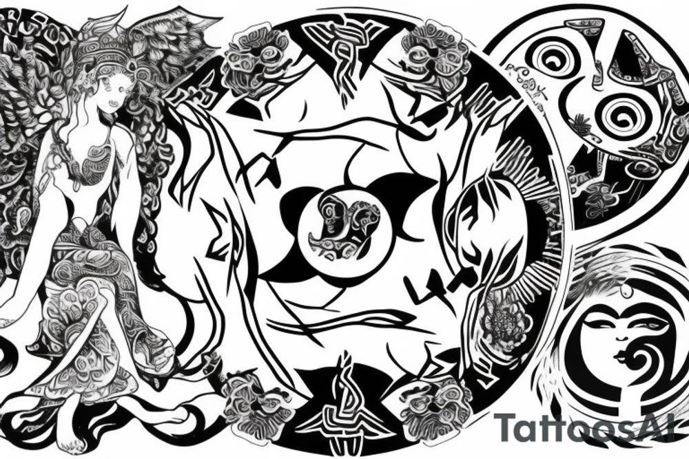 Goddess of justice and ying yang symbol mixed-up tattoo idea