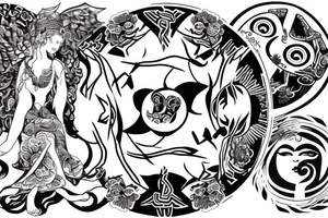 Goddess of justice and ying yang symbol mixed-up tattoo idea