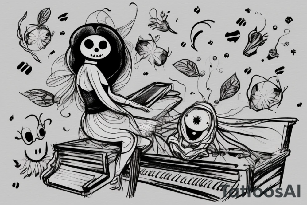 Bee dressed up like a ghost, sitting on a bench playing the piano tattoo idea