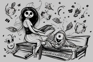 Bee dressed up like a ghost, sitting on a bench playing the piano tattoo idea