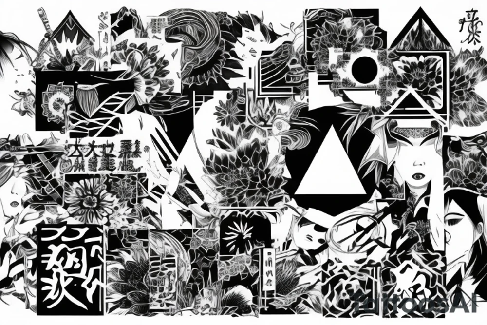 Japanese style, geometric with realistic motives tattoo idea