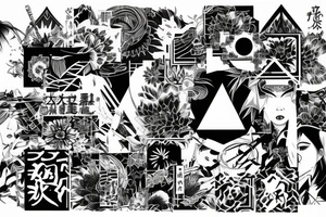 Japanese style, geometric with realistic motives tattoo idea