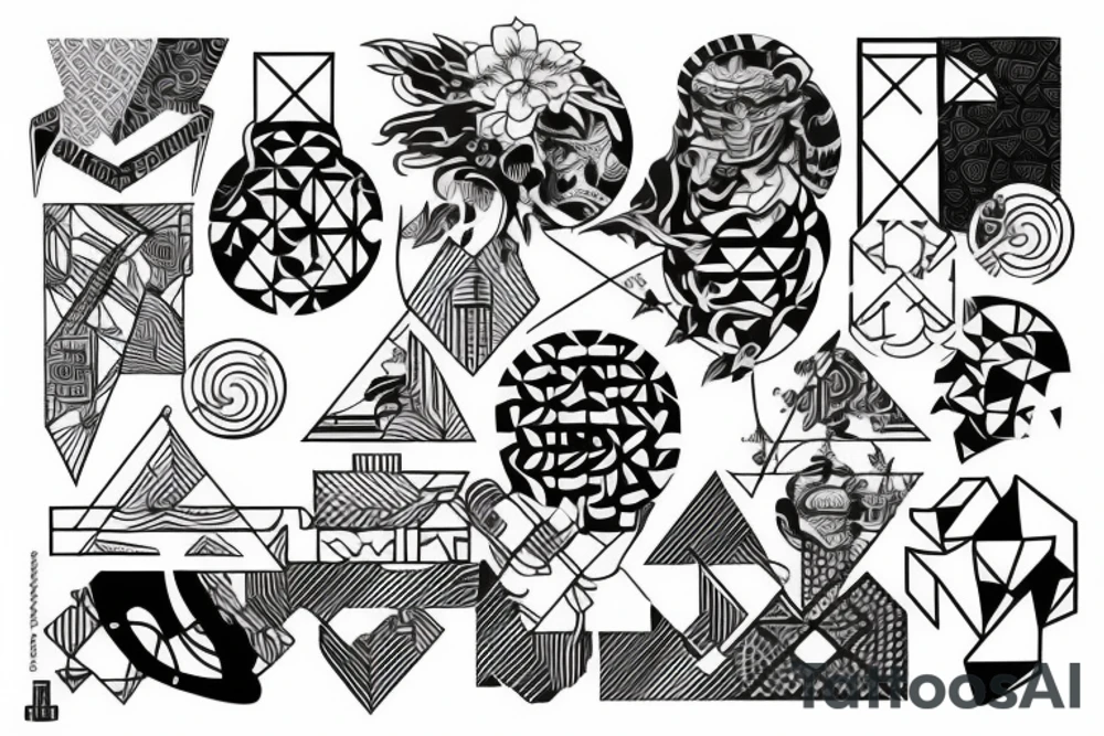 Japanese style, geometric with realistic motives tattoo idea
