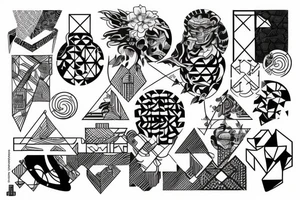 Japanese style, geometric with realistic motives tattoo idea