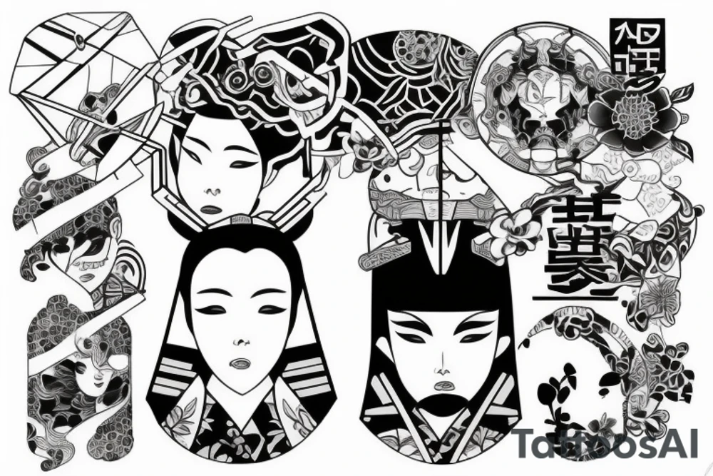 Japanese style, geometric with realistic motives tattoo idea