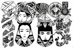 Japanese style, geometric with realistic motives tattoo idea