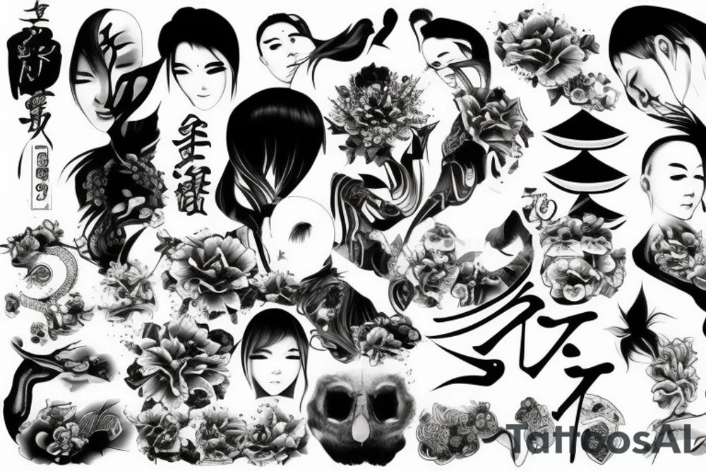 Japanese style, realistic motives tattoo idea
