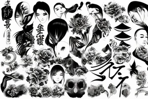 Japanese style, realistic motives tattoo idea