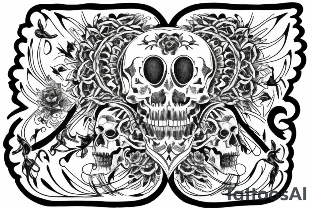 Memento Mori / Memento Vivre are both written in.  All black with the theme of rebirth and living life to its fullest tattoo idea