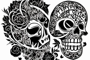 Memento Mori / Memento Vivre are both written in.  All black with the theme of rebirth and living life to its fullest tattoo idea