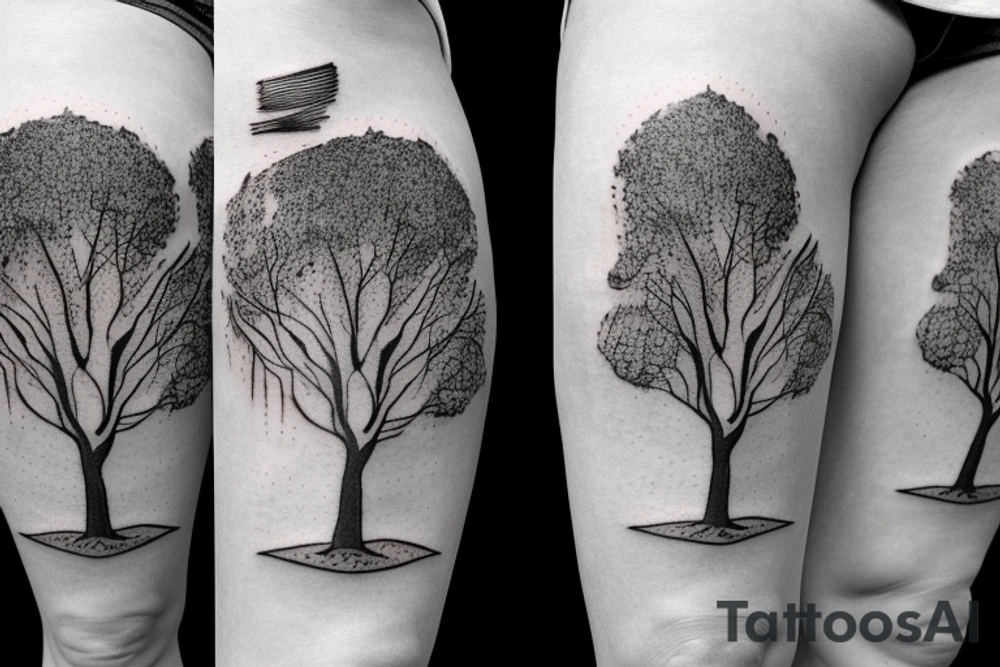 Tree limbs going up the thigh with three polaroid's around in with burnt edges tattoo idea