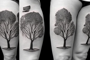 Tree limbs going up the thigh with three polaroid's around in with burnt edges tattoo idea