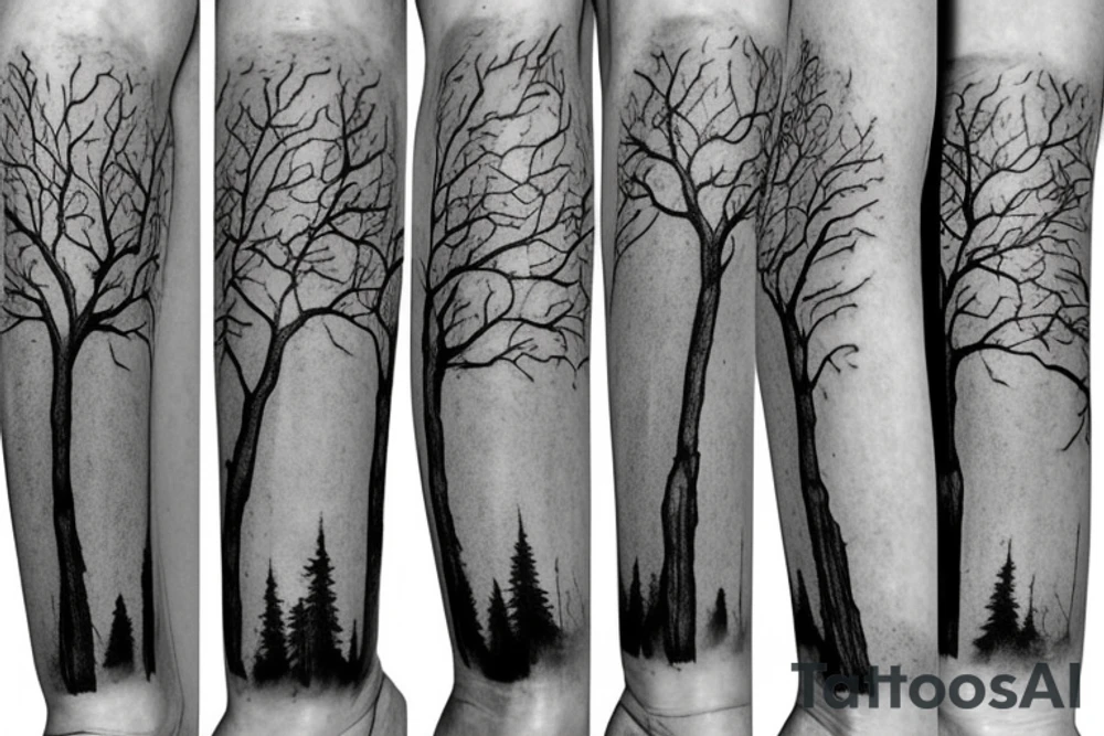 Tree limbs going up the thigh with three polaroid's around in with burnt edges tattoo idea