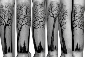 Tree limbs going up the thigh with three polaroid's around in with burnt edges tattoo idea