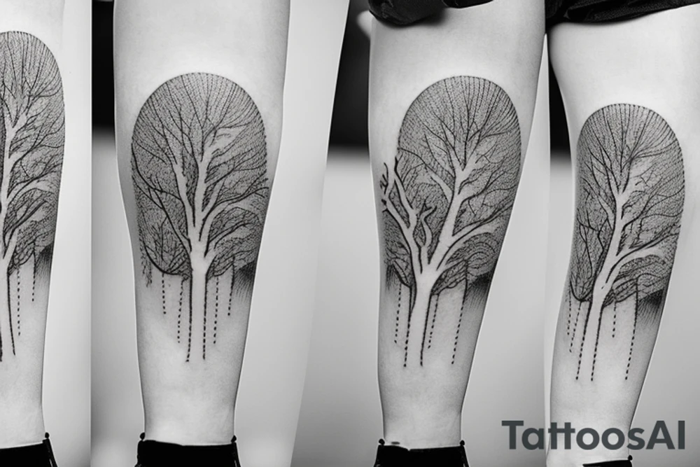 Tree limbs going up the thigh, and three polaroid pictures with burnt edges tattoo idea