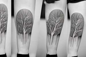 Tree limbs going up the thigh, and three polaroid pictures with burnt edges tattoo idea