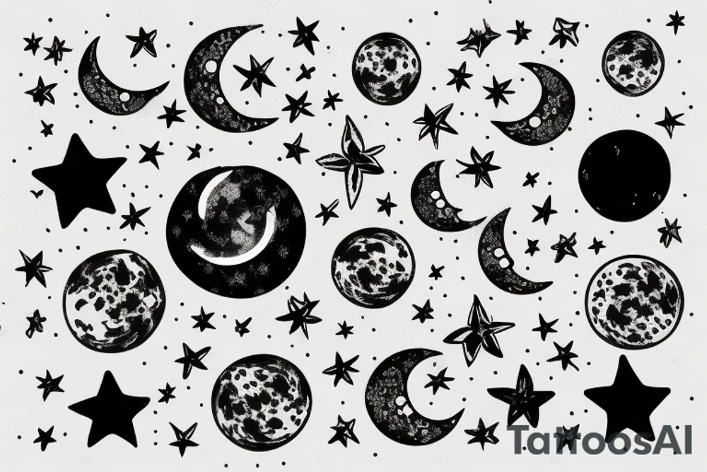moon with two stars and flowers on the moon tattoo idea